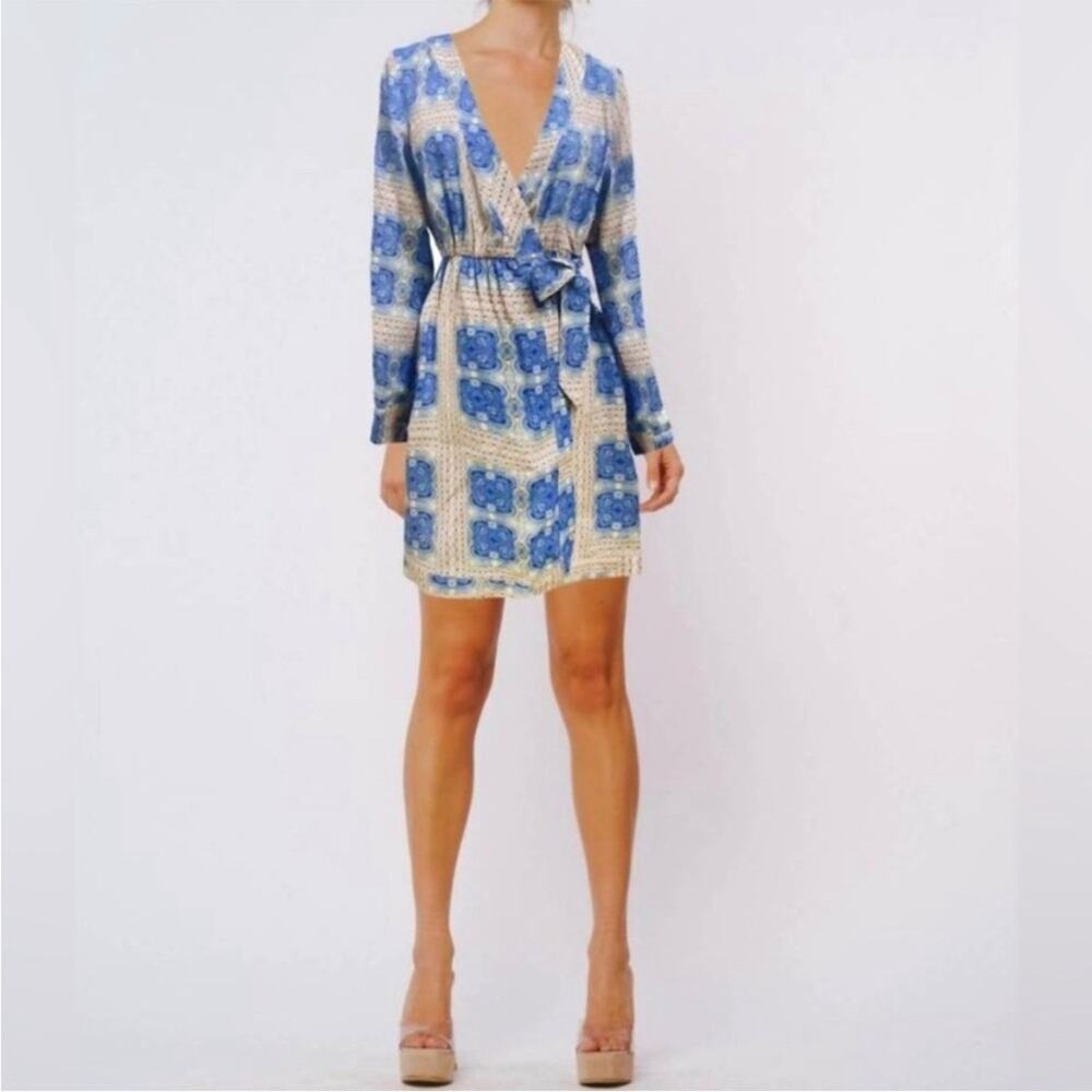Chic Blue and Cream Wrap Mini Dress